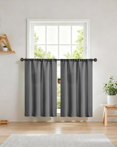 Easy Home Short Blackout Window Curtain Rod Pocket Thermal Privacy Curtain Tiers 36 Inch Length for Kitchen Farmhouse Closet, Living Room, Bathroom Shades (Dark Grey, 27" W X 36" L (Pack of 2))