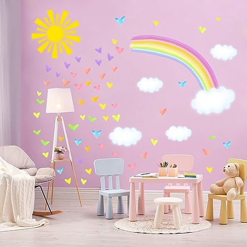 MOSITU Rainbow Wall Stickers 49 Pcs Watercolour Sun Cloud Heart Decals Removable Large for Nursery Bedroom Living Room Classroom Girls Her Decor