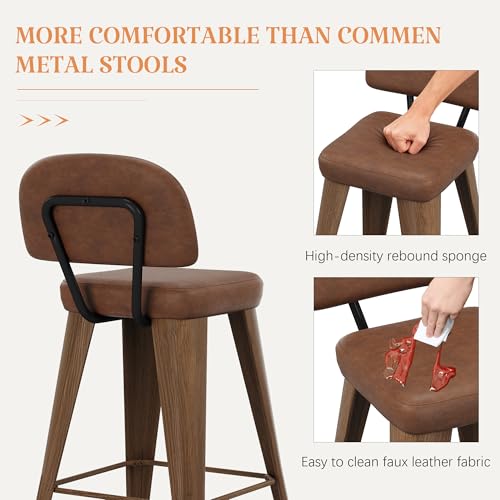 Image of Yongchuang 24 inch Bar Stools with Backs Set of 2 Modern PU Leather Counter Height Stools Upholstered Metal Kitchen Island Bar Chairs Walnut Brown