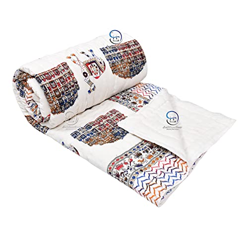 Image of 380 GSM Jaipuri Hand Block Design Big Camal and Heritage Hawamahal Printed Winter Cotton Double Bed Quilt Razai - King Size Multicolor, Rajai, Skinfriendly