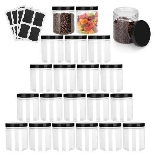 Aramanara 20 barattoli in plastica con coperchio, 500 ml, trasparenti, rotondi, vuoti, ricaricabili, a prova di perdite, con etichette, per spezie, cibo, artigianato, liquidi, cereali