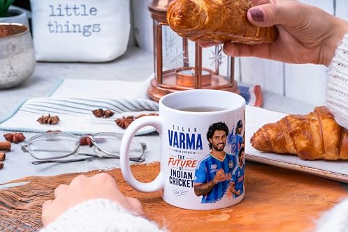 Image of Cricket Theme Coffee Mug IPL Edition - Stylish Helicopter Shot Print Cup - Gift for Cricket Fans, Boys & Friends (Tilak varma, Large)