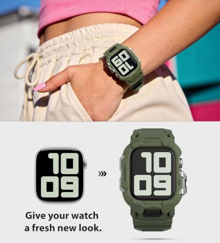 Image of ULTIMAL Rugged Band Compatible with Apple Watch Band 42mm Series 11 /10 with Case, Military-Grade Shockproof Strap for iWatch with Bumper Case Cover Men Women(Army Green)