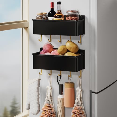Image of Magnetic Spice Rack for Refrigerator 2 Pack Large Magnet Shelf for Fridge Kitchen Storage Organization with 10 Removable Golden Hooks