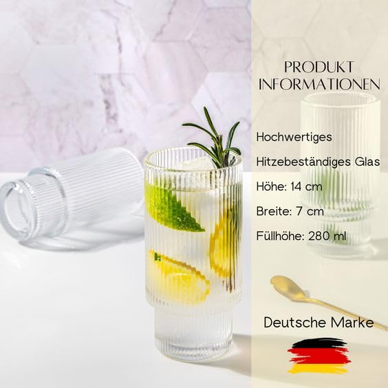 Image of WEZOSHINET 2 Pcs Heat Resistant Drinking Glasses Cup with Vertical Stripes Ribbed Pattern for Iced Coffee Cups Whiskey Cocktail Beer Water Glasses for Home Party Bar (2 Pcs /290 ML)