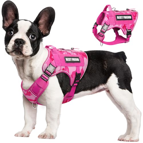MOOGROU Tactical Dog Harness Small Sized Dog,No Pull Military Dog Vest with Easy Control Handle&Molle,Adjustable Heavy Duty Pet Harness for Hiking Training,Reflective for Night Walking Camo Pink S