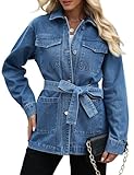 Skirt BL Jean Jacket Women With Belt Mid Long Oversized Denim Jacket for Women With Pocket Long Sleeve Jean Coat Trendy