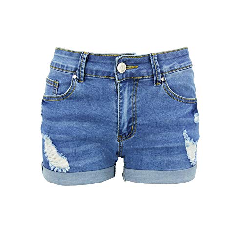 Blostirno Women's Mid Rise Waisted Denim Shorts Cuffed Hem Ripped Jean Short Elastic Pants with Pockets (Light Blue6010 M)