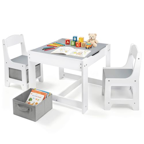 Pterying Wood Toddler Table and Chair Set Kids Activity Desk White Gray