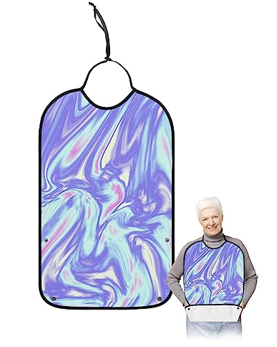 Kewadony Adult Bibs for Elderly Women - Blue Fluid Ombre Waterproof Dining Clothing Protectors with Crumb Catcher for Eating/Feeding, Colorful Gradient Terry Cloth Bib Machine Washable
