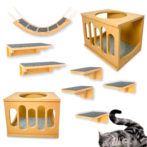 BT WOOD Kit Playground para Gatos, MDF 15mm Cru, 9 Peças, Montado com Carpete, Design Wave, Suporta até 25kg (Carpete Cinza)