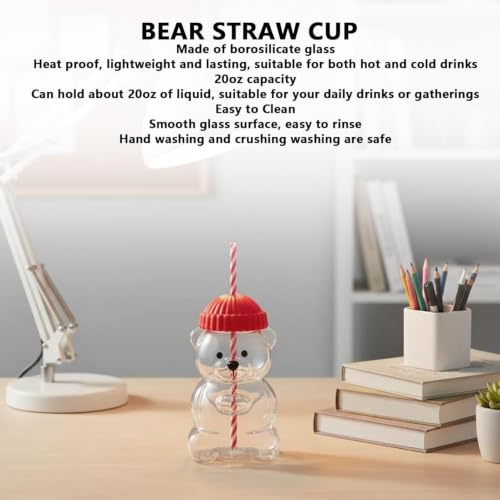 Image of New Black Bear Straw Cup 600ML Cute Bear Glass Tumbler with Reusable Straw - Viral Animal Design for Smoothies, Boba & Iced Coffee (Red, 600 ml, Glass)