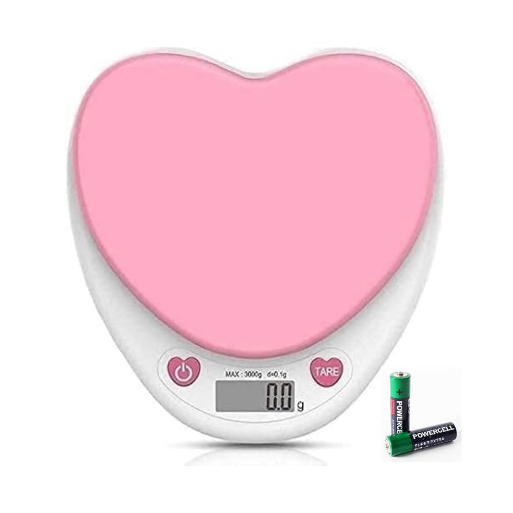 Precision Digital Cute Heart-Shaped Kitchen Scale, 3KG (6.6lbs) Capacity with High Accuracy, LCD Display and Tare Function for Baking, Cooking, Meal-Prep, Pink and White, Batteries Included