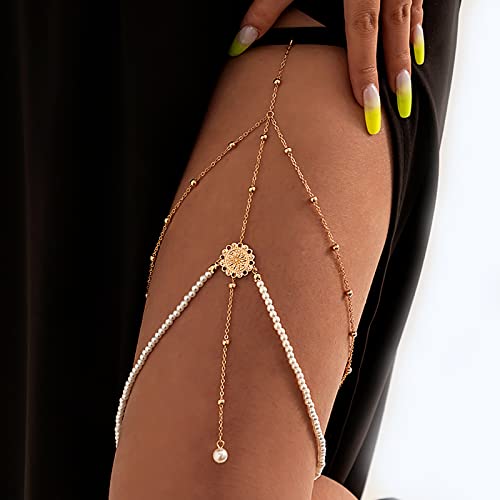 Atentuyi Geschichtetes Gold Bein Kette Perle Anhänger Bein Kette Sexy Bikini Strand Geschirr Böhmischen Körper Kette Oberschenkel Schmuck Für Frauen Und Mädchen Cover