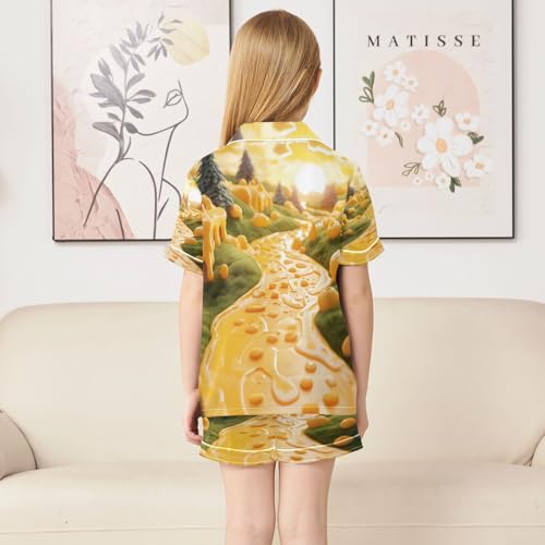 Satin Pajama Sets Short Sleeve Funny Cheese River Landscape Button Down Silky Nightwear 2 Piece PJS 5-14Y4