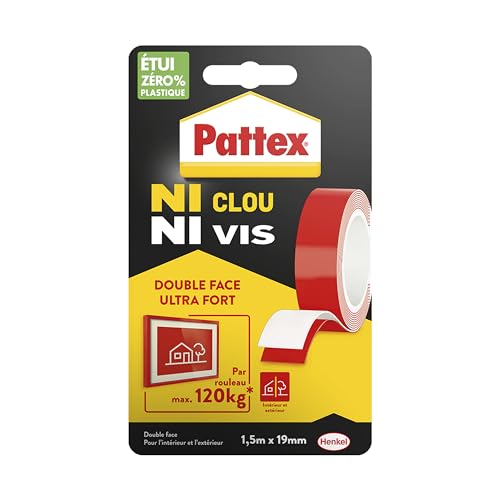 Pattex Ni Clou Ni Vis | Ruban adhésif double face ultra fort (rouleau de 1,5 m x 19 mm) – Adhésif de montage pour intérieur & extérieur – Maximum 120 kg par rouleau