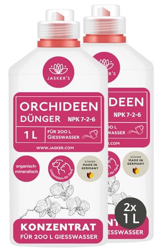 JASKER'S Orchideendünger flüssig 2 L - Orchideen Dünger Konzentrat - 100% Schnelldünger - Dünger Orchideen flüssig für 400 Liter Gießwasser - Wurzel & Blatt Flüssigdünger mit Langzeitwirkung