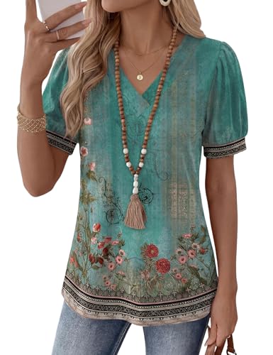 Image of Rapbin T Shirts for Women UK V Neck Casual Puff Short Sleeve Summer Tee Boho Tops Loose Pleated Tshirt Green