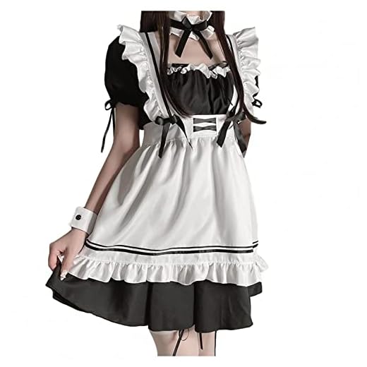 Womens Anime Maid Costume Cosplay French Apron Maid Dress Outfit for Halloween Party Sexy Women Lingerie Dress Sets, Black