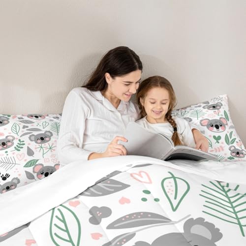 Image of Feelyou Koala Comforter Set - King Size, Cute Koala Cartoon Duvet Set for Kids & Toddlers, Lightweight Botanical Plant Quilt Set