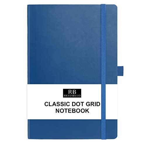 RICCO BELLO Dotted Hardcover Bullet Style Journal Notebook, Vegan Friendly Faux Leather Cover, Bookmark, Pen Loop, Storage Pocket, Elastic Band Closure, 5.7 x 8.4 Inches (Royal Blue)