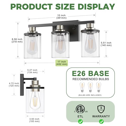 Image of DORESshop 17 Inch 3-Light Black Nickel Bathroom Vanity Light