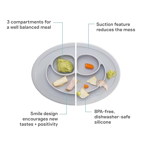 Image of ezpz Mini Mat - 100% Food Grade Silicone Suction Divided Plate with Built-in Placemat for Infants + Toddlers Promotes Baby Self-Feeding for Highchair, Dining Table - Microwave Safe - 6Months+ (Pewter)
