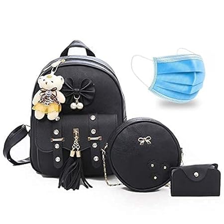 NRST Stylish Cute Mini PU Leather Backpack & Sling Bag Set for Women, School & College Girls 3PCS Combo Set (Black)