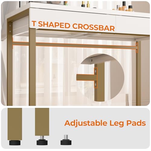 Image of GreenForest Vanity Desk with 2 Drawers,39 inch White Desk with Glossy Desktop Easy Clean,Makeup Dressing Table with Metal Gold Legs for Home Office Small Spaces,Bedroom