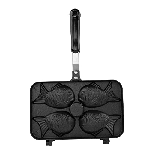 Máquina para hacer Taiyaki, sartén para Takoyaki, sartén Tamagoyaki, 4 rejillas, molde para gofres de aleación de doble cara antiadherente con mango negro antiescaldado para