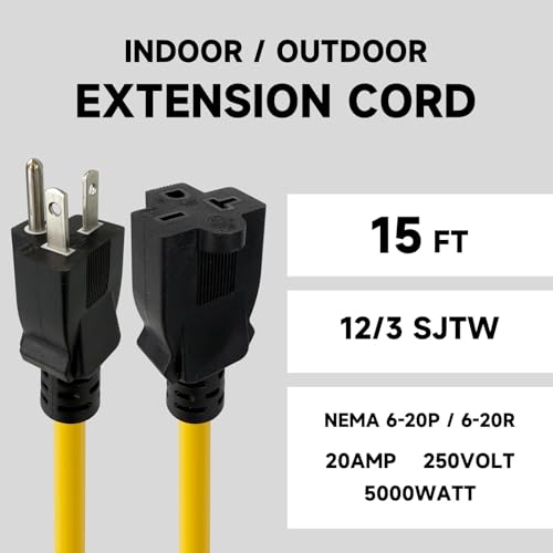 EP 15 Ft 12 Gauge Outdoor Extension Cord, Heavy Duty NEMA 6-20P/NEMA 6-20R Power Cord, 20A 250V 12/3 SJTW Cable for Lawn, Garden, Appliance, Yellow