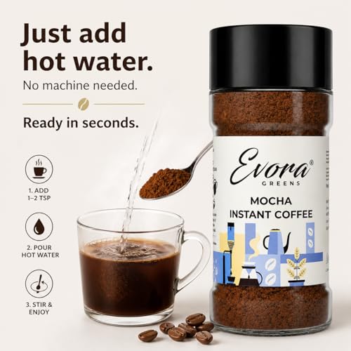 Image of Evora Greens Mocha Flavoured Instant Coffee | Arabica & Robusta Blend | Rich Chocolate Cafe Style Taste | Hot, Cold & Black Coffee | Makes ~50 Cups | 100g Glass Jar