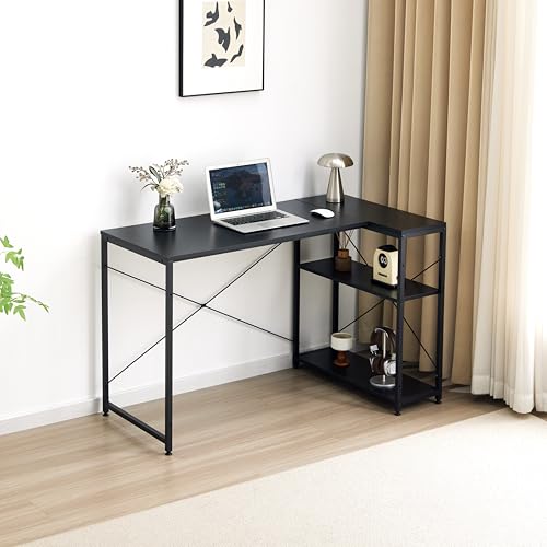 Garvishk Garvis Eckschreibtisch 120x50 cm – L-Form Gaming Tisch mit Regal – Computertisch für Homeoffice(Schwarz)