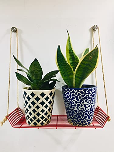 Image of Meshable Weebill Metal Wall Shelves | Wire Mesh Hanging Shelf for Home Decor | Multi Porpose Floating Shelf with Jute Rope | Durable, Modern & Stylish Wall Shelf - Single Tier (Red)