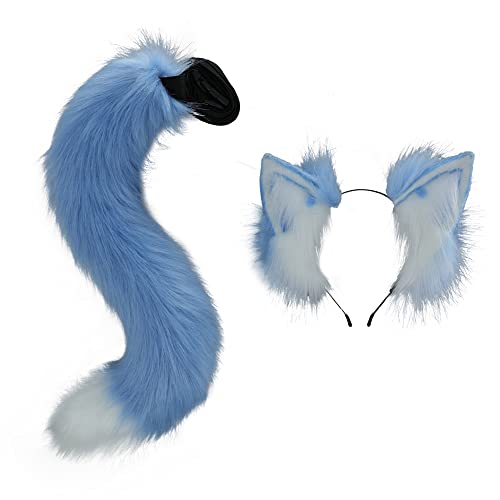 VIGVAN Animal Cosplay Wolf Ears and Tail, Fox Cat Raccoon Ear and Tail (Blue)