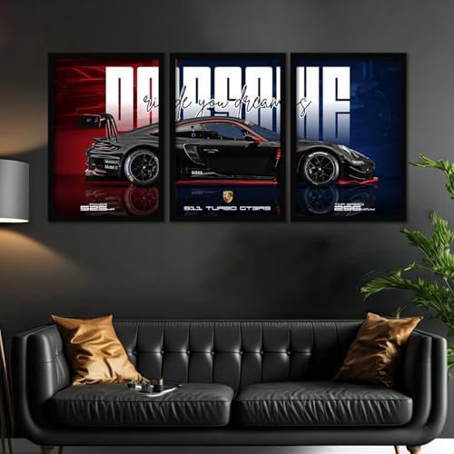 Image of ARTELLY Big Porsche 911 GT3rs Sports Car Framed Wall Posters, Set of 3, Premium Framed Painting, Living Room Bedroom Decoration, Large Size Gift Item for Boys Room Decor (Porsche 4, 13x19 inch)