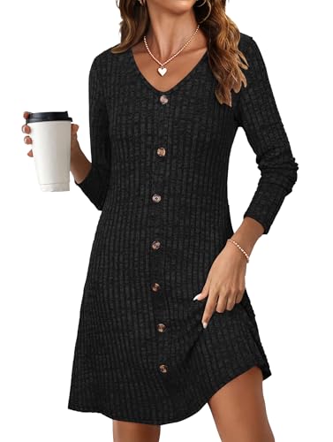 MOLERANI Womens Fall Long Sleeve Ribbed Knit Dresses 2025 Casual V Neck Knee Length Button Down Winter Sweater Dress Trendy