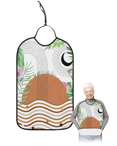 LEOKOTI Brown Geometric Adult Bibs for Eating, Waterproof Bibs with Food Catcher & Adjustable Snap Closure, Modern Abstract Art Summer Botanical Washable Clothing Protectors Adult Bibs for Elderly