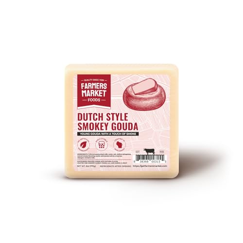 Farmers Market Dutch Style Smokey Gouda Cheese Block – Wisconsin Smoked Gouda Cheese, Creamy & Buttery Flavor, Gluten Free, Keto Friendly, Zero Sugar, Low Sodium Snack Cheese, 6oz