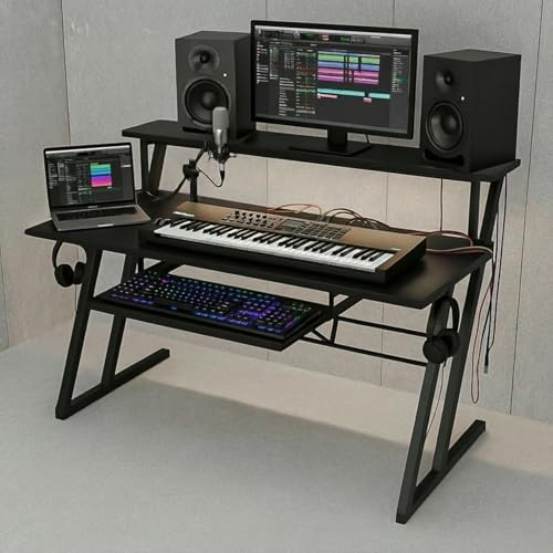 Image of FFO Music Studio Desk with Keyboard Tray | Multipurpose Work Desk for Home Office | Computer Table for Home, Office & Music Production | Laptop PC Workstation | Black | 120L x 60W x 100H CM | DIY