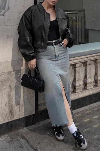 Cicy Bell Womens Faux Leather Bomber Jackets Baseball Collar Zip Up Cropped Biker Coat with Pockets4