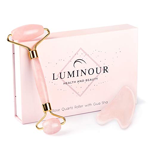Premium Rose Quartz Roller and Gua Sha Face Massager 2-in-1 Gift set - 100% Natural Anti Aging Crystal - Jade Facial Rollers and Gua Sha Tools Crystals for Alternative Beauty and Skincare by Luminour
