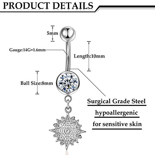 8 Pieces 14G Belly Button Rings Steel Long Dangle Navel Ring Cz Body Piercing Jewelry (Silver) #TOP2