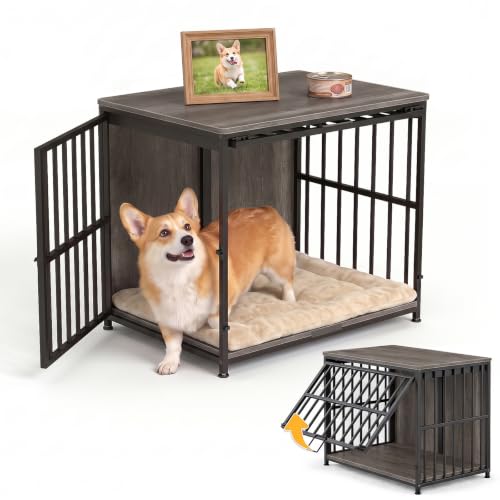 WAMMCASA 31.5IN Dog Crate Furniture, Wooden Dog Kennel with Flip-Up Door | Heavy-Duty Dog Cage, Indoor Pet Crate, Escape-Proof Locks, with Side Door, for Medium Dogs, as TV Stand Furniture, Grey