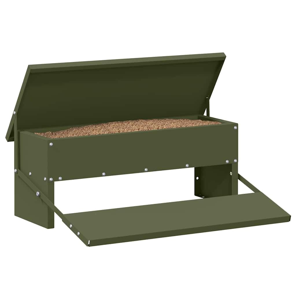 Comedero para patadas de pollo de acero laminado en frío, color verde oliva, 48,5 x 39,5 x 19 cm, capacidad de 5 kg, resistente a la intemperie, para interior y exterior, comedero automático
