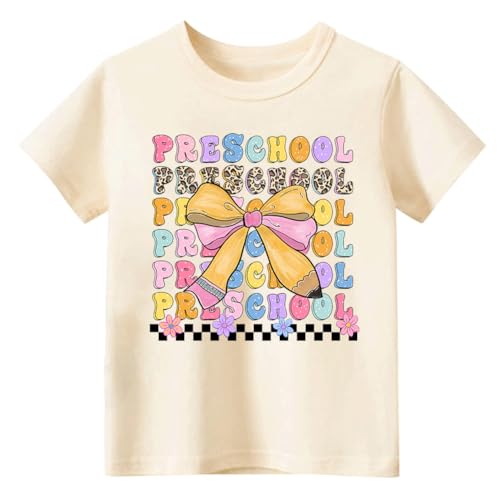 Kids Toddler Girls Back to School Shirt First Day of Preschool Coquette Bow Pencil Short Sleeve T-Shirt Top(Beige Coquette Bow,5-6T)