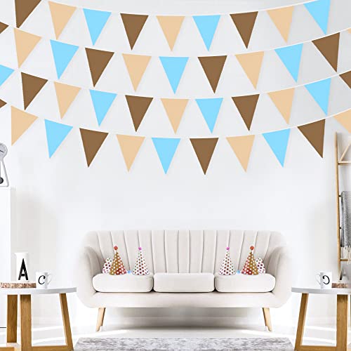 Image of 32Ft Brown Blue Party Decorations Brown Blue Pennant Banner Fabric Triangle Flag Bunting Garland Streamers for Teddy Bear Safari Wild Baby Shower Gender Reveal Birthday Theme Party Decor
