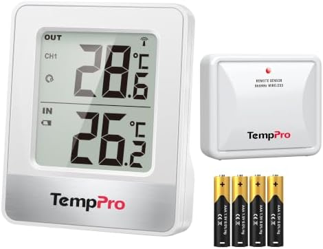 TempPro Funk-Thermometer Innen Außen, Wetterstation mit Außensensor | Kabelloses Innen-/Außenthermometer mit Außensensor, Reichweite bis 150 m, bis 3 Sensoren, großes LCD ( Ex-Ther