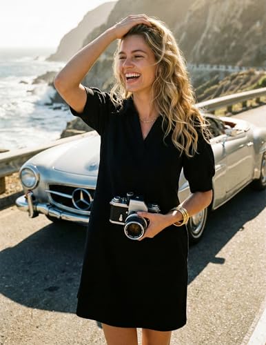 Image of ZESICA Womens Summer Striped T Shirt Mini Dresses 2026 Casual Lapel V Neck Short Sleeve Flowy A Line Beach Vacation Dress