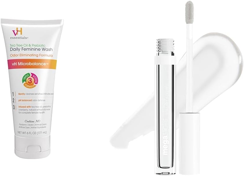 Tea Tree Oil Daily Feminine Wash, 6 Fl Oz & wet n wild Mega Slicks Crystal Clear Lip Gloss Bundle